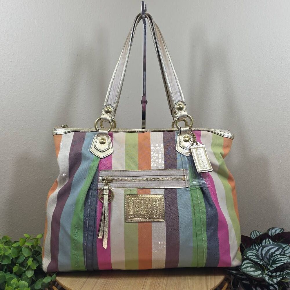 Coach Poppy Legacy Stripe Glam Tote Multicolor Canvas Sequin Leather Trim Should